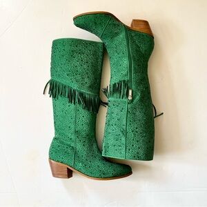 Western Rhinestone Fringe Emerald Green Knee High Heeled Boots Sparkle